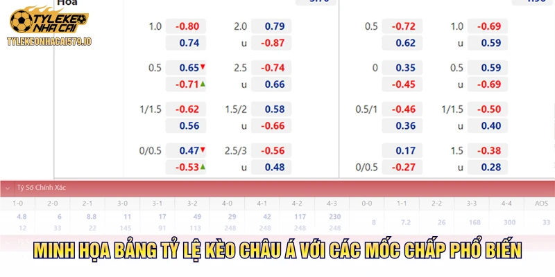 Minh họa bảng tỷ lệ kèo châu Á với các mốc chấp phổ biến